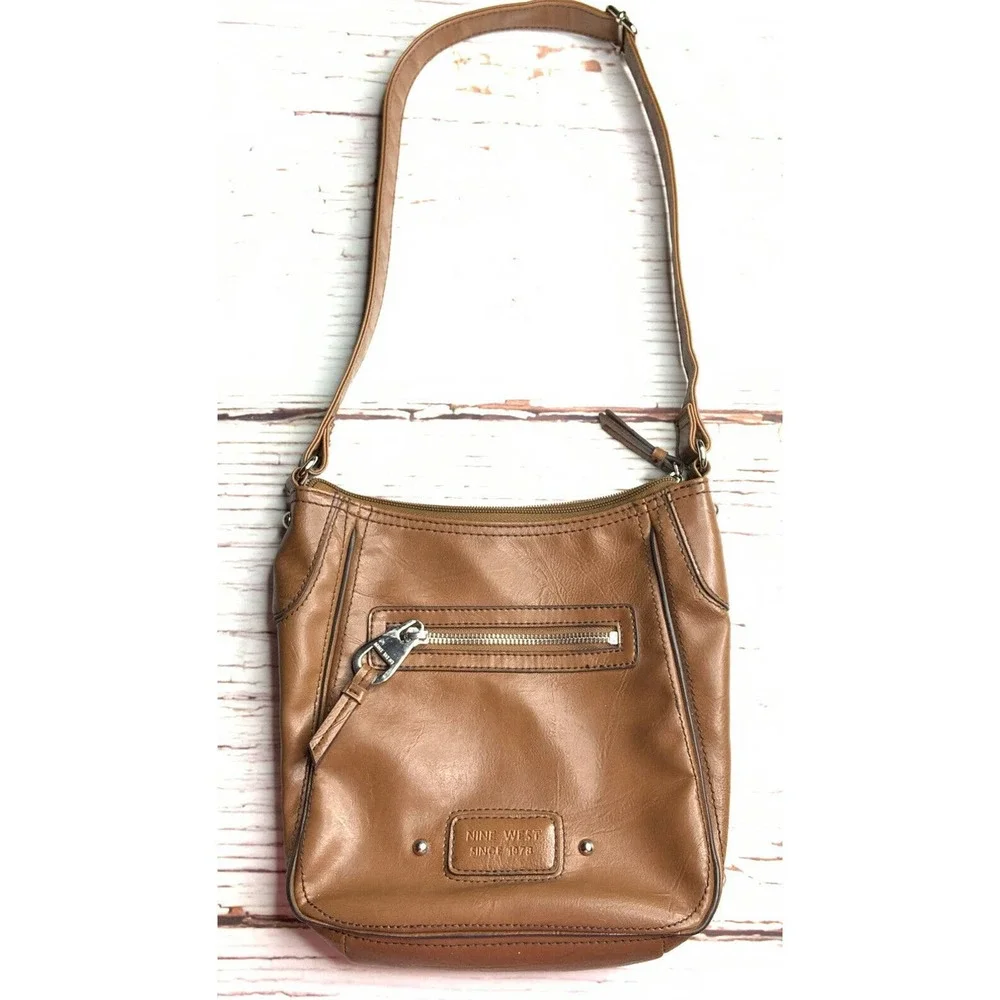 Retro NINE WEST Brown‎ Faux Leather Purse Medium Lined Zip Cognac Shoulder Bag